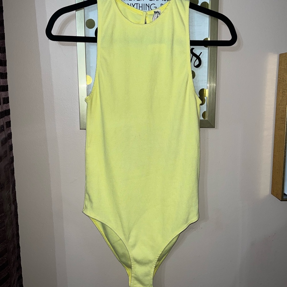 Free People Yellow High Neck Ribbed Bodysuit NWT — Small